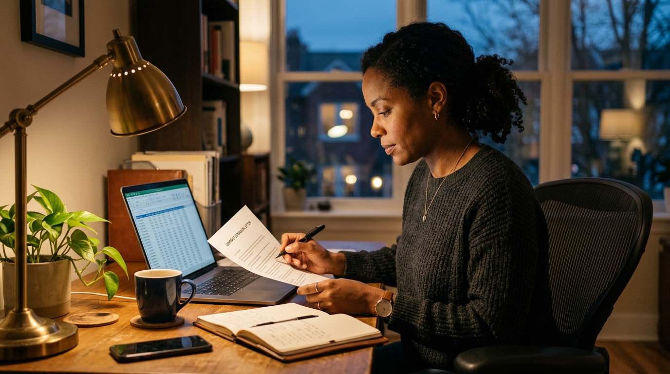 Contract consultant reviewing an extension offer and rate spreadsheet at a home office desk