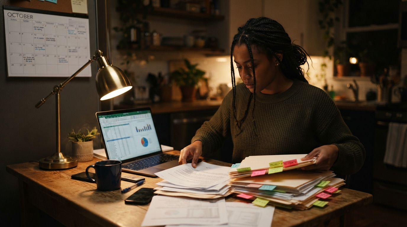 Consultant at a kitchen table at night organizing tax documents into folders
