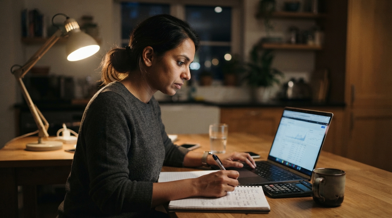 Consultant reviewing budget numbers at a kitchen table at night while on the bench between contracts